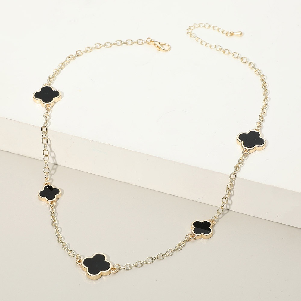 14KGP Onix Quatrefoil Motif Station Long Black Clover Necklace